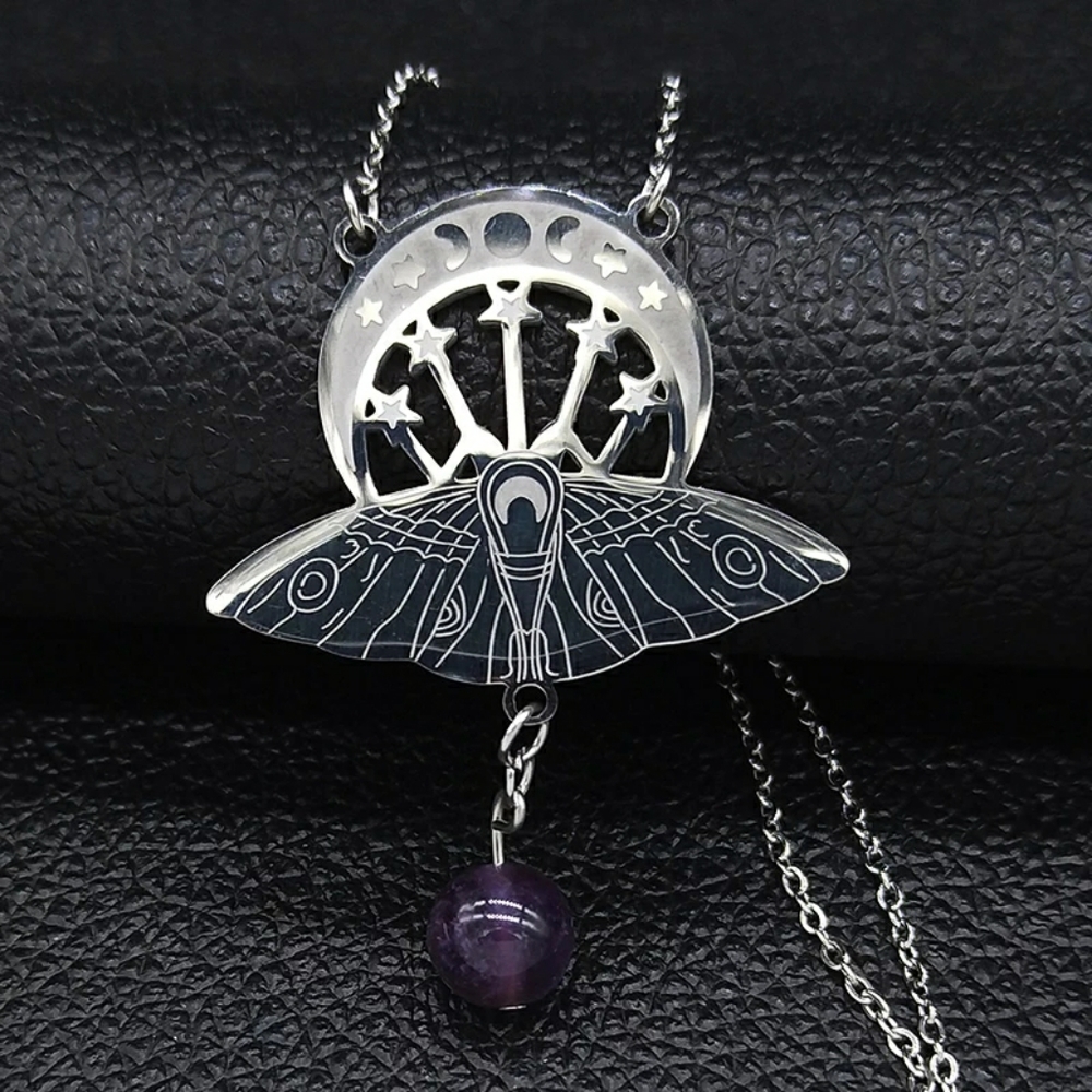 Witchcraft Crescent & Moth Pendant Necklace - Picture 3 of 16